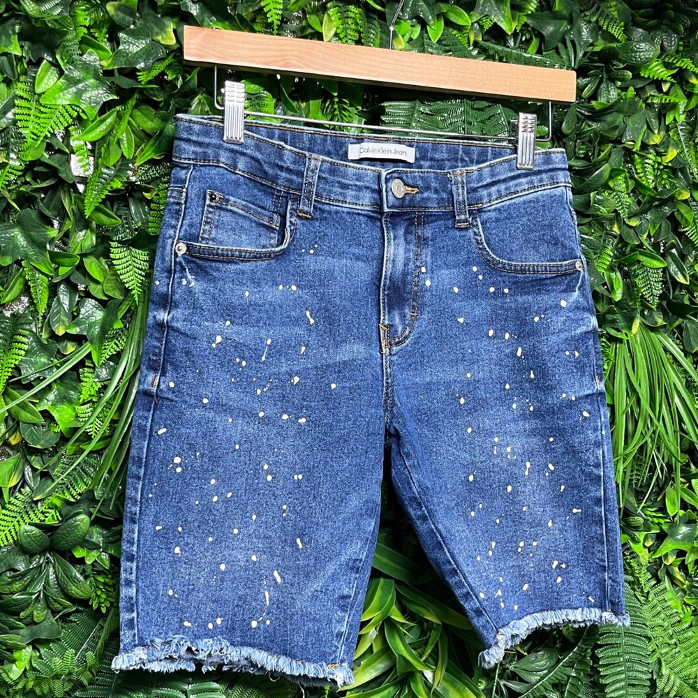 Calvin Klein Jeans Denim Shorts Size 14 Paint‎ Splatter Frayed Hem Blue 2856
